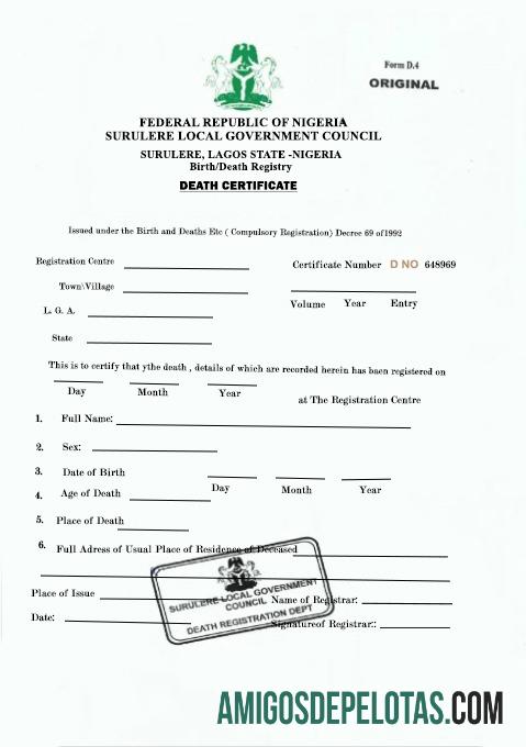 Certidão de Óbito do Conselho do Governo Local da Nigéria Sugulere exemplo